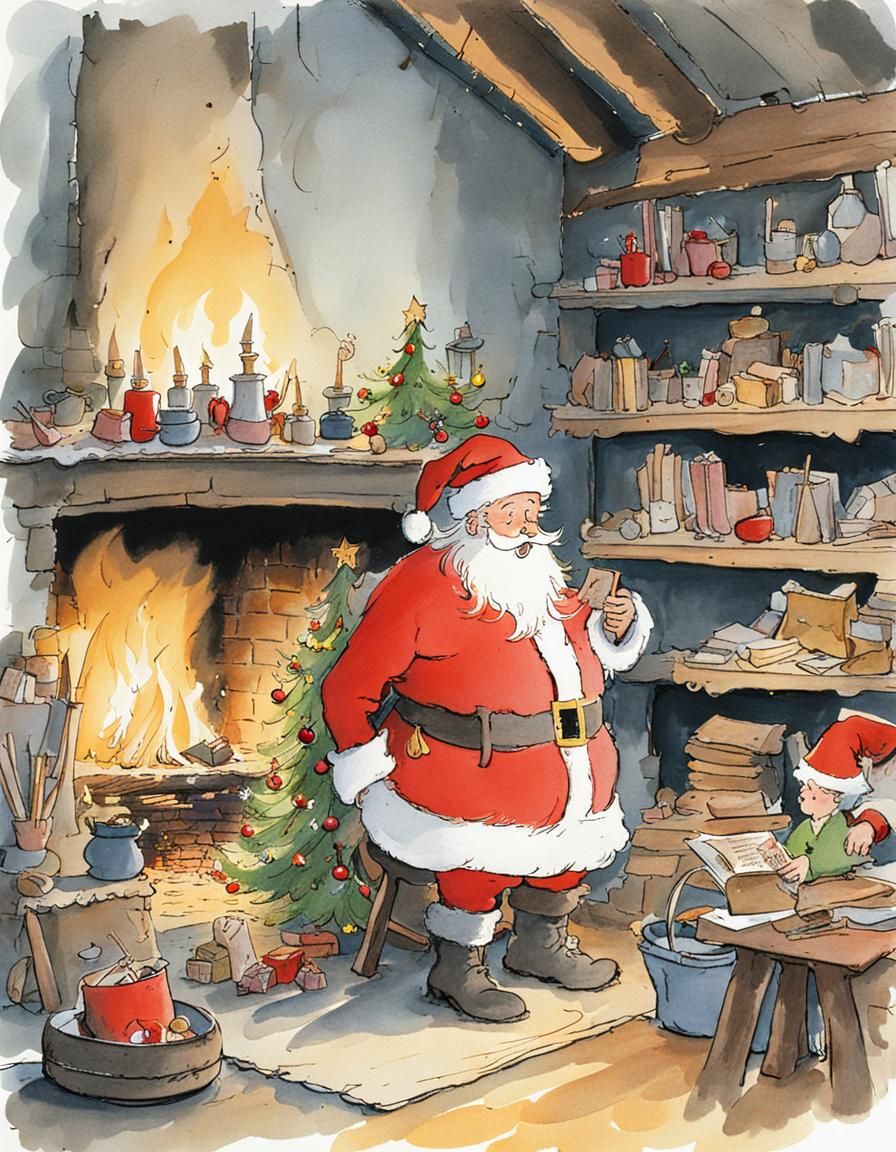 Santa's Workshop Scene in Illustrative Style