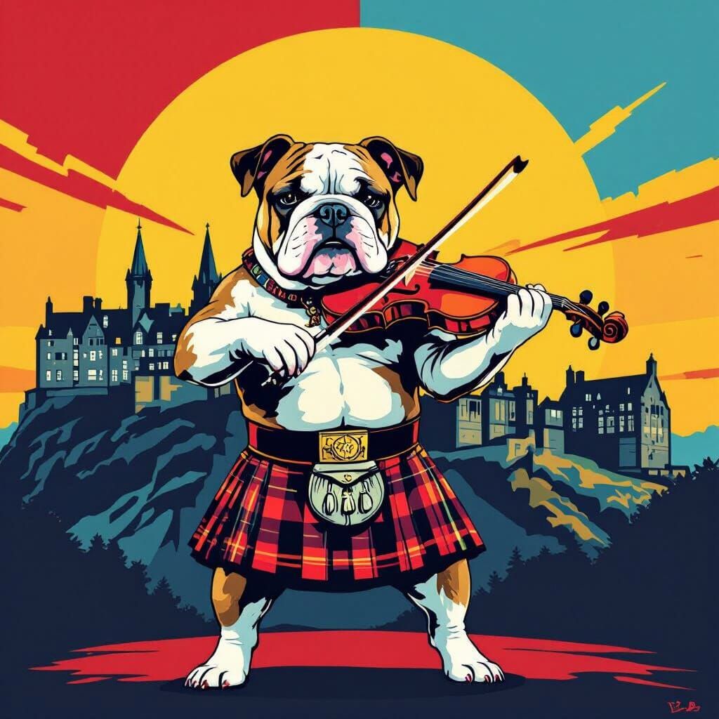 Bulldog Plays Violin in Kilt Before Edinburgh Castle