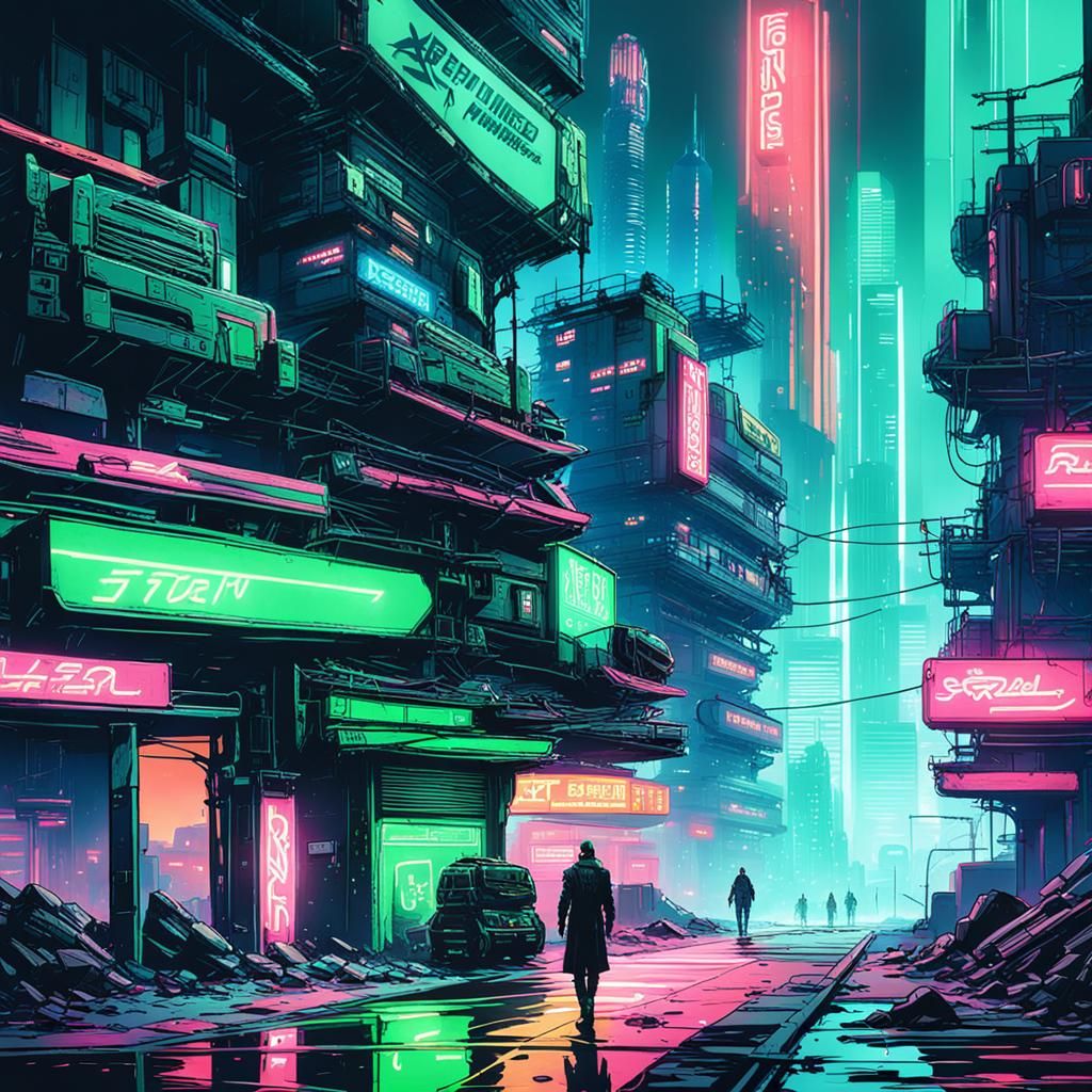 Cyberpunk Ruined Cityscape with Neon Port at Night