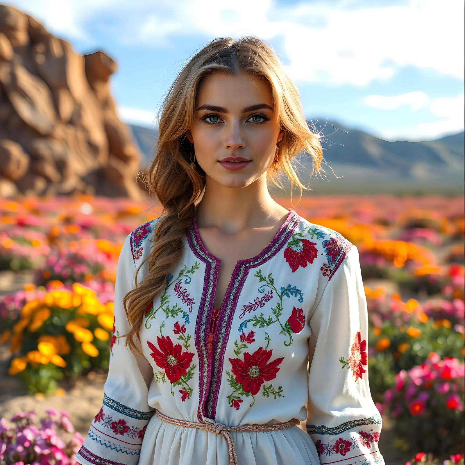 Greek Woman in Flowering Chilean Desert