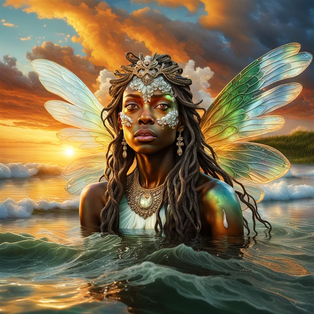 Beautiful African American Fairy Emerges at Sunrise