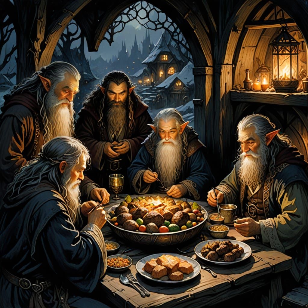 Hobbit and Dwarves Feast in Cozy Night Scene
