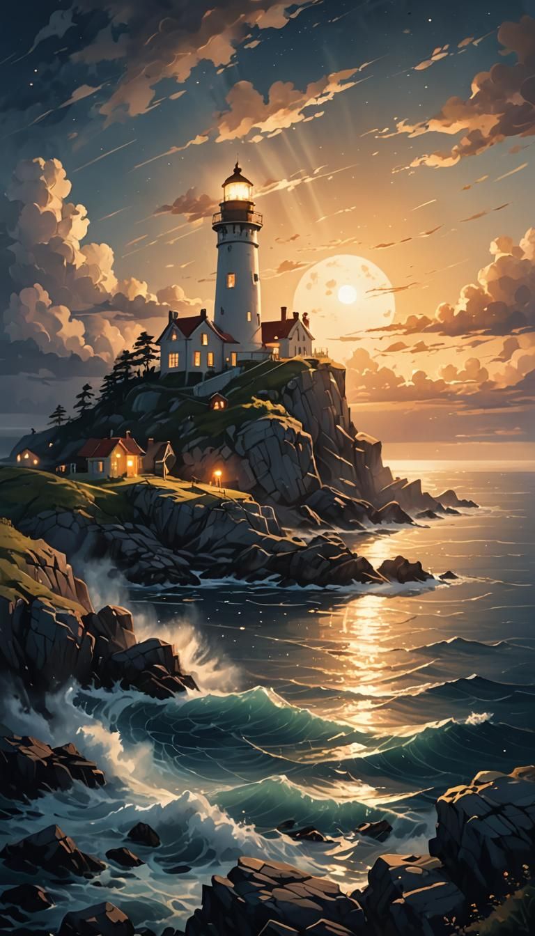 Mystical Lighthouse at Night in Ethereal Style