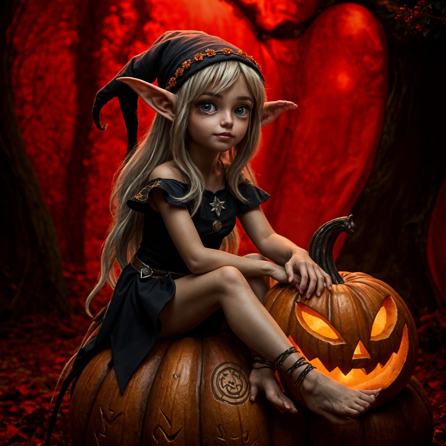 Realistic Elf Sits on a Jack O Lantern