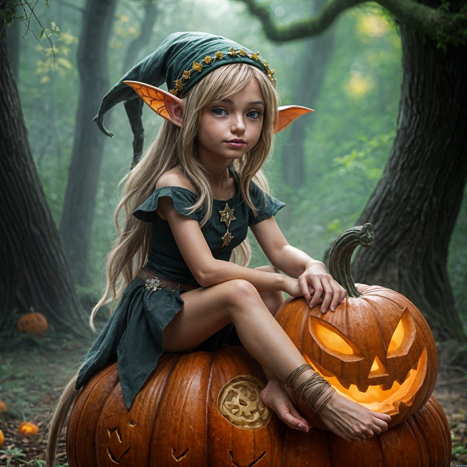 Realistic Elf Perched on Jack 'o Lantern