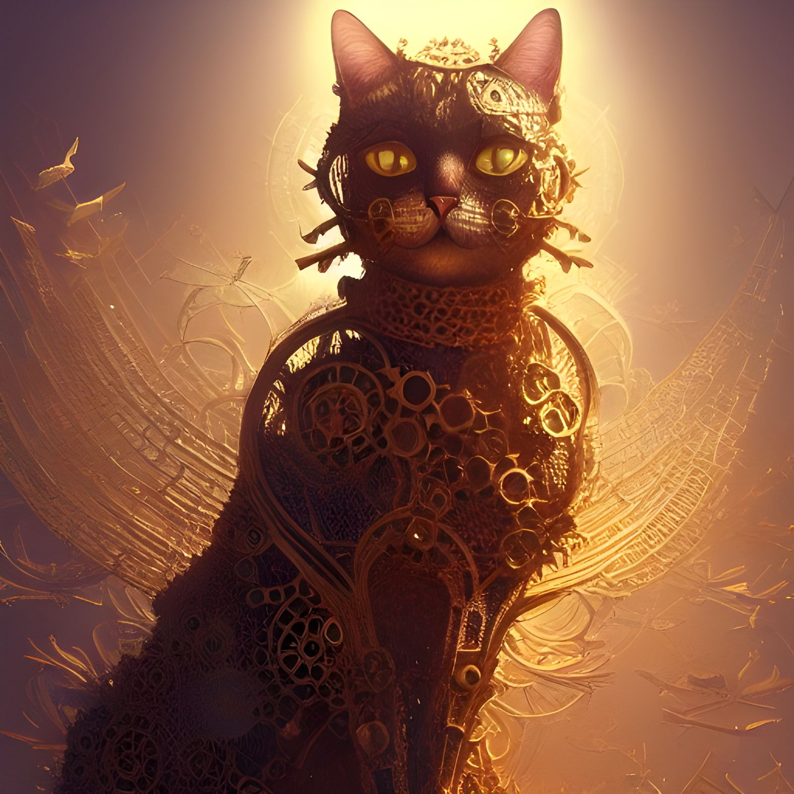 Golden Gear Cat Fantasy Art in 8k