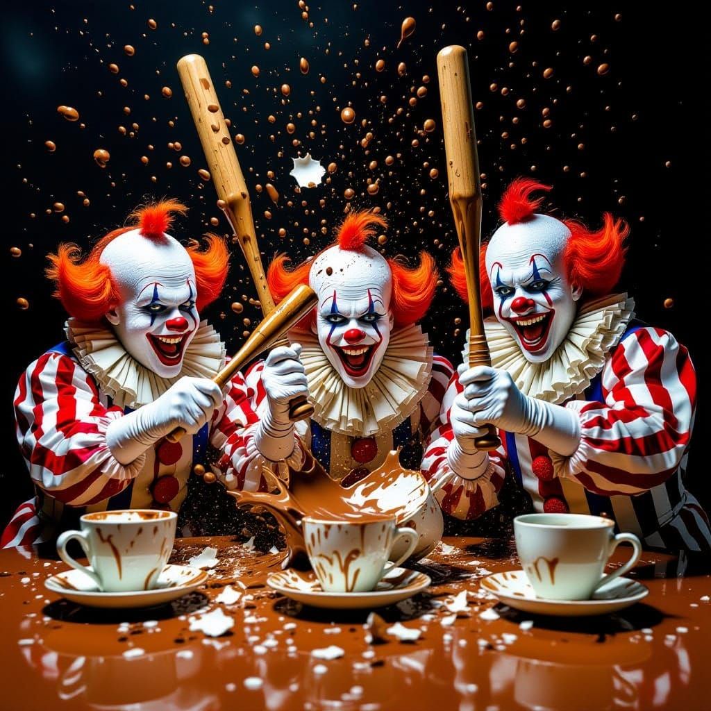 Hyper-Realistic Clowns Smash Coffee Cups in Chaotic Scene