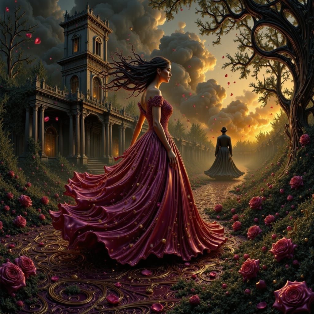 Southern Belle on Crumbling Plantation Steps at Twilight