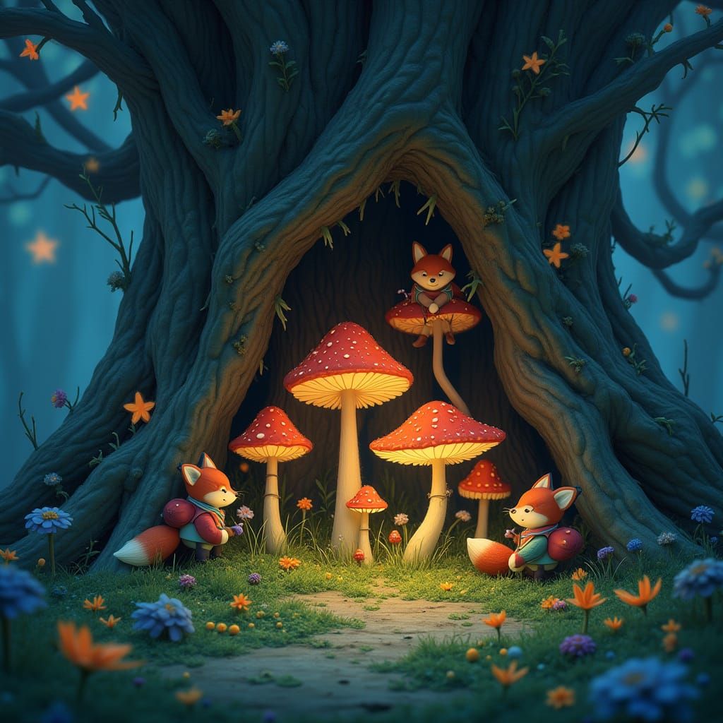 Bioluminescent Mushroom Village with Felted Foxes, Cartoon S...