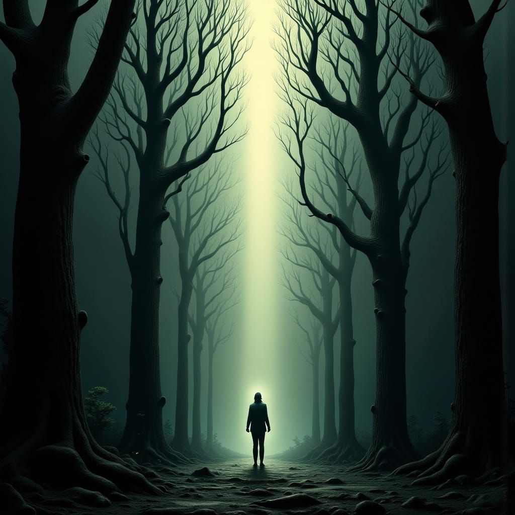 Melancholic Alien Figure in a Misty Forest