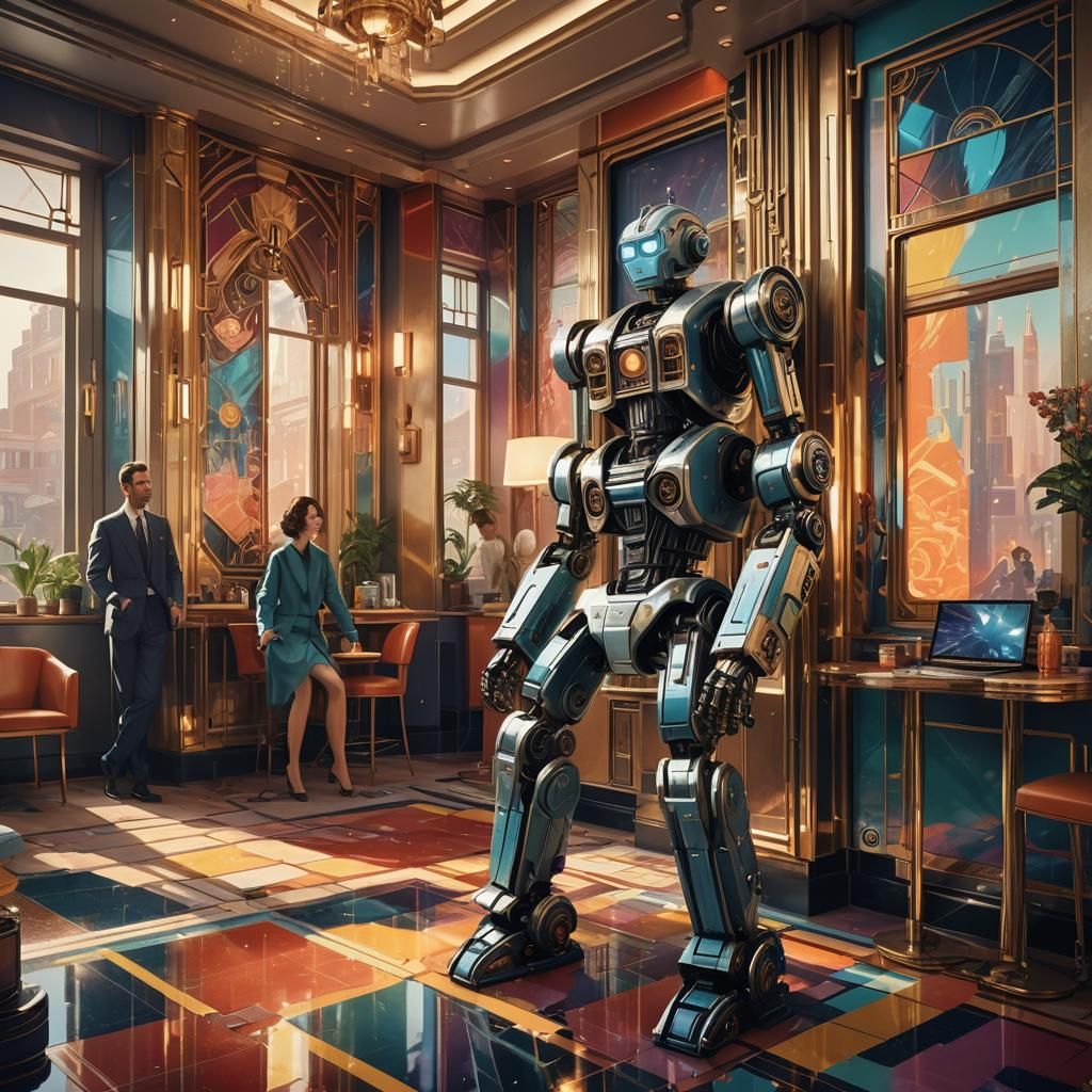 Art Deco Apartment with Robot, Hyperrealistic Style