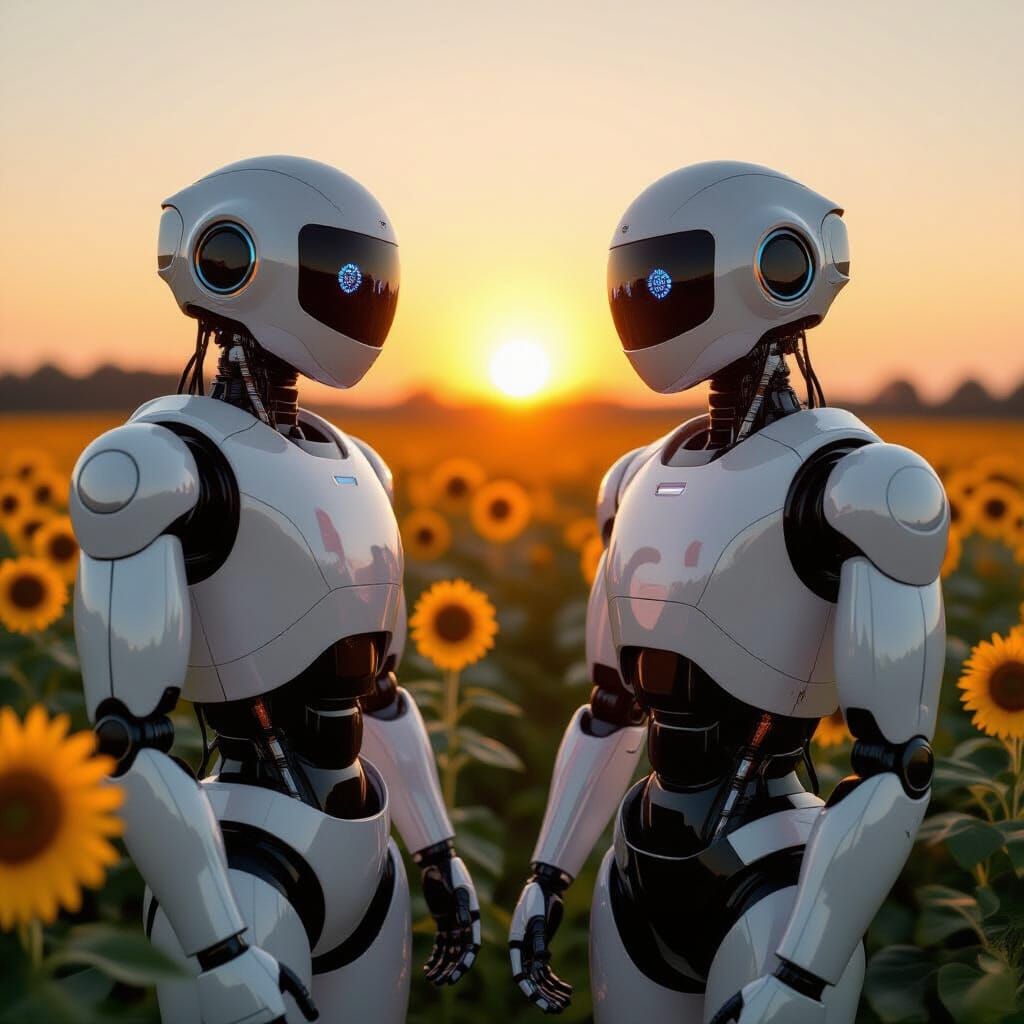 Robot and Sunflowers Watch Sunset