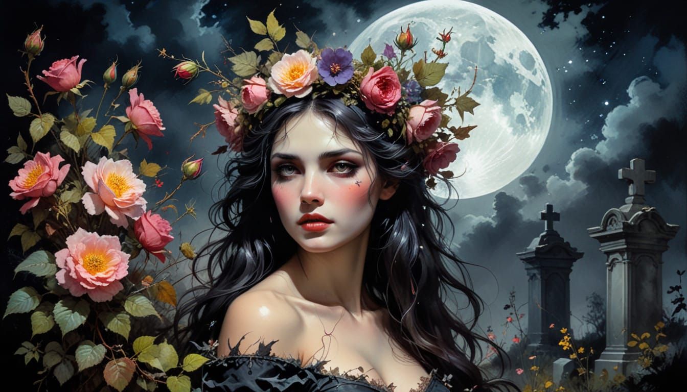 Vampire Crowned with Wildflowers in a Moonlit Cemetery Scene