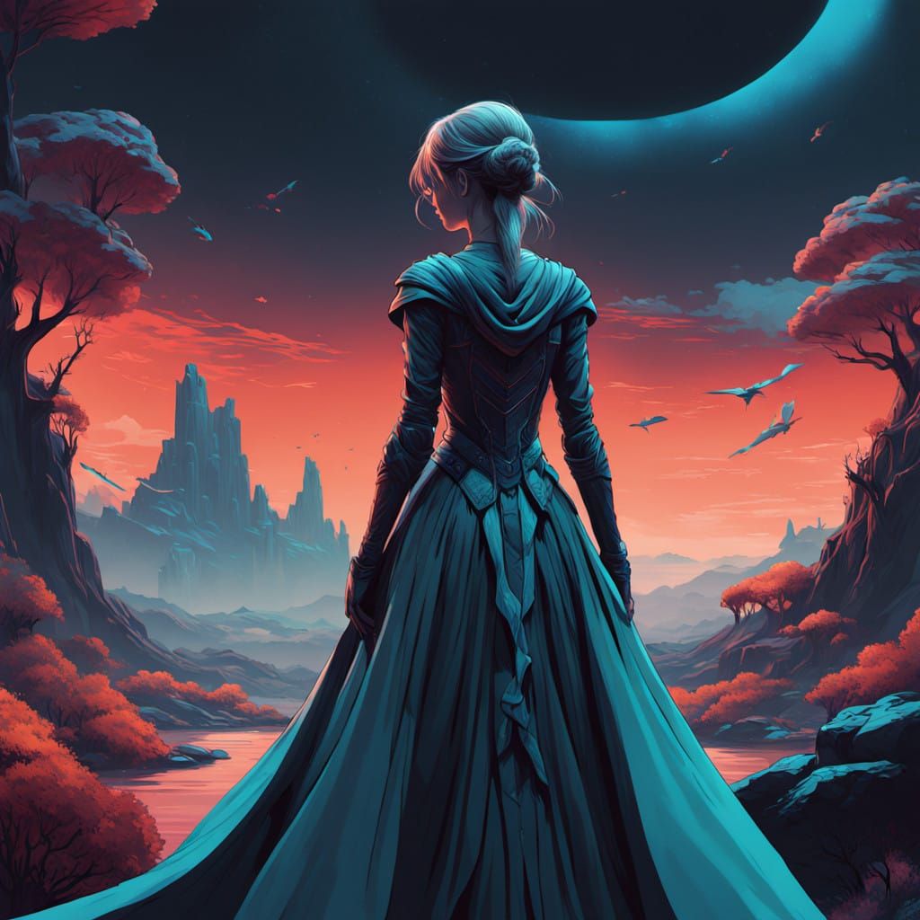 Ethereal Goddess in Vibrant, Dreamlike Landscape