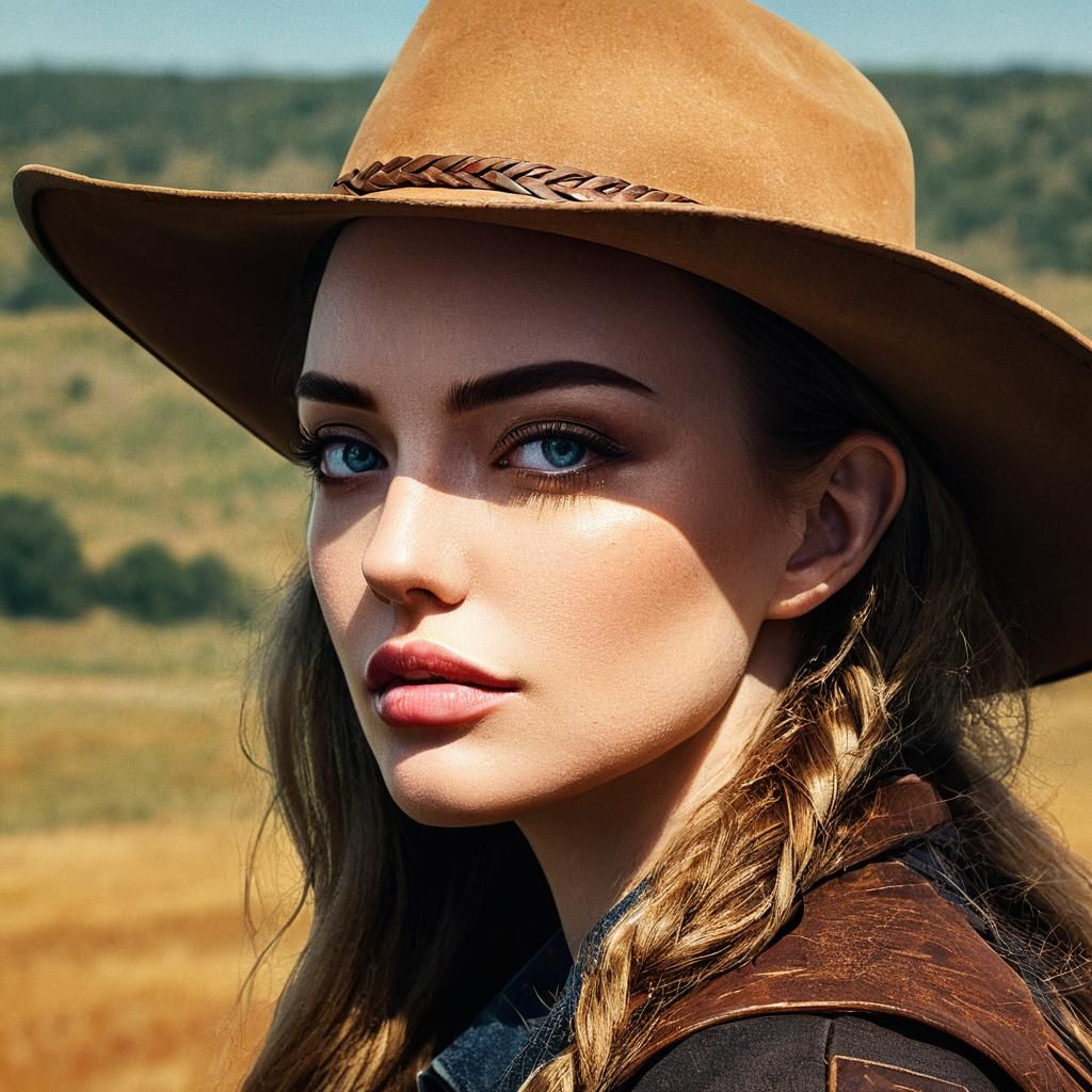 Cowgirl Portrait in Golden Light, Hyper-Detailed Illustratio...