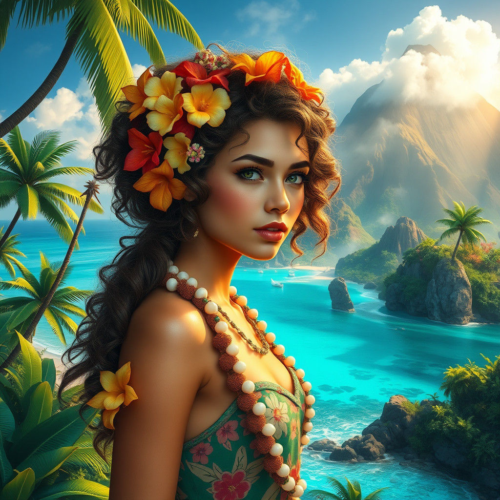 Polynesian Girl in Island Paradise: Fantasy Matte Painting