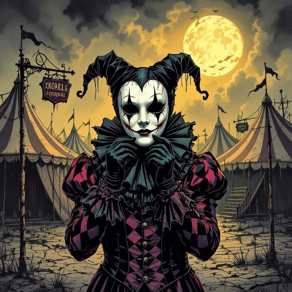 Harlequin Unmasks Void at Spooky Carnival in Etching Style