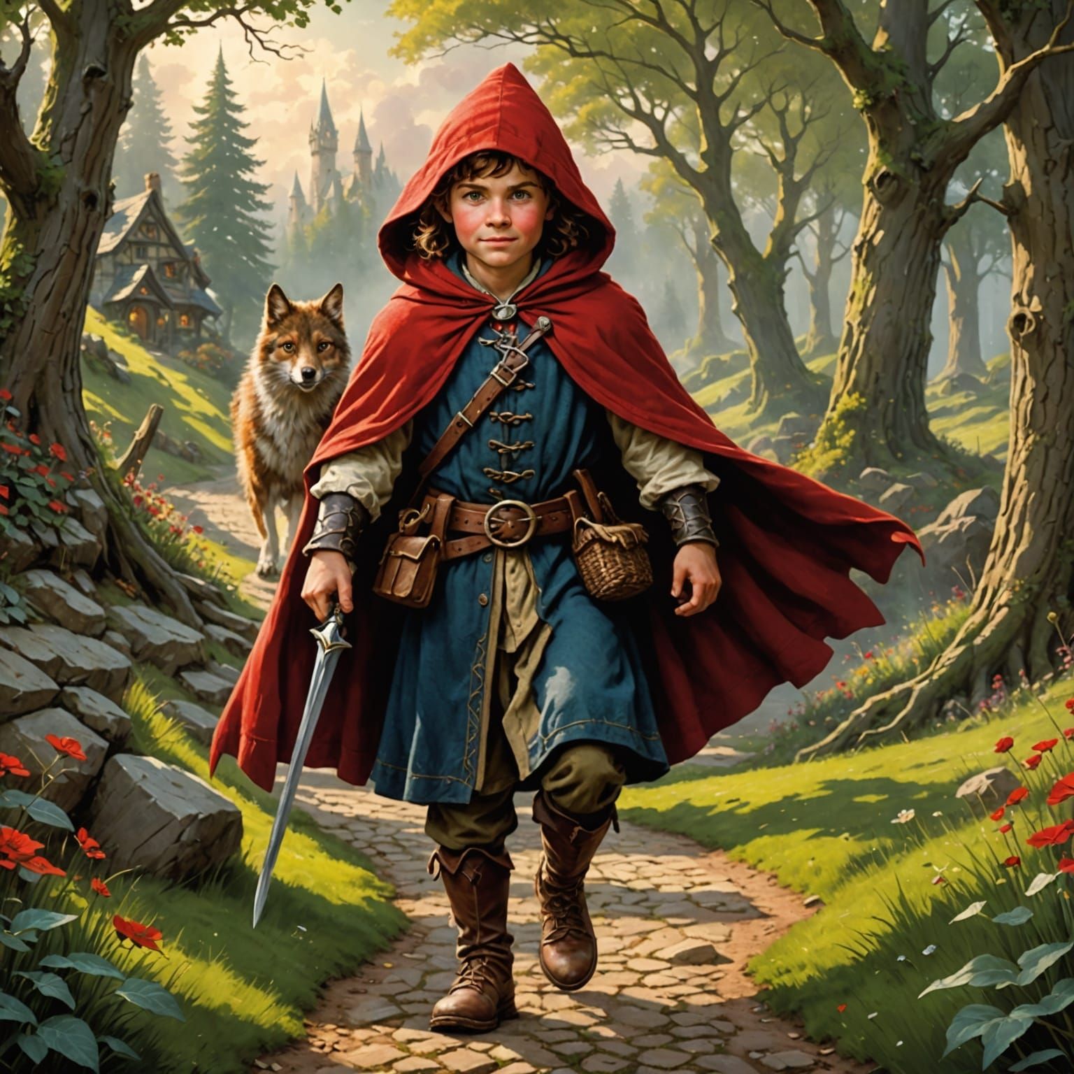 Hobbit Warrior in Little Red Riding Hood Attire, Storybook F...