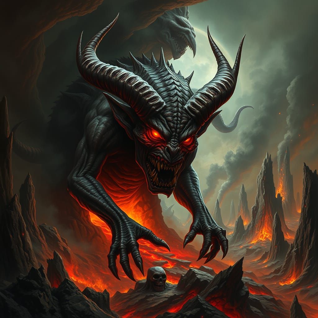 Hellish Demon Emerges from Apocalyptic Portal in Dark, Gothi...