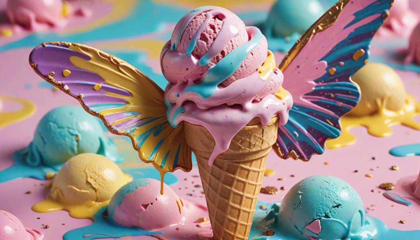 Surreal Melting Ice Cream with Cosmic Fairy Wings