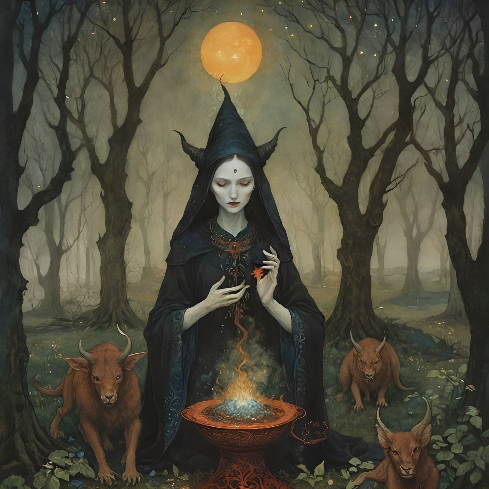 Witch Summons a Demon Home: Intricate Fantasy Art