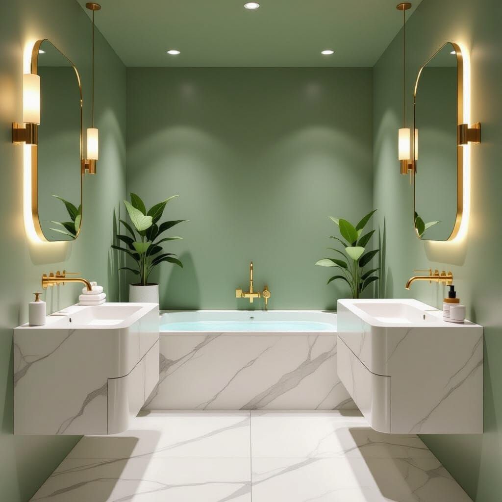 Luxurious Sage Green Washroom with Marble and Gold Fixtures