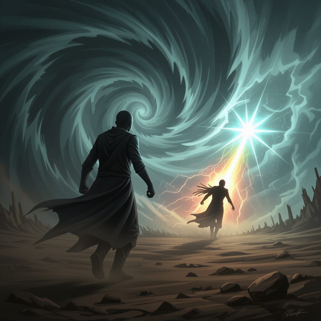 Figure Awakens from Vortex Towards Ethereal Light in Dark Fa...