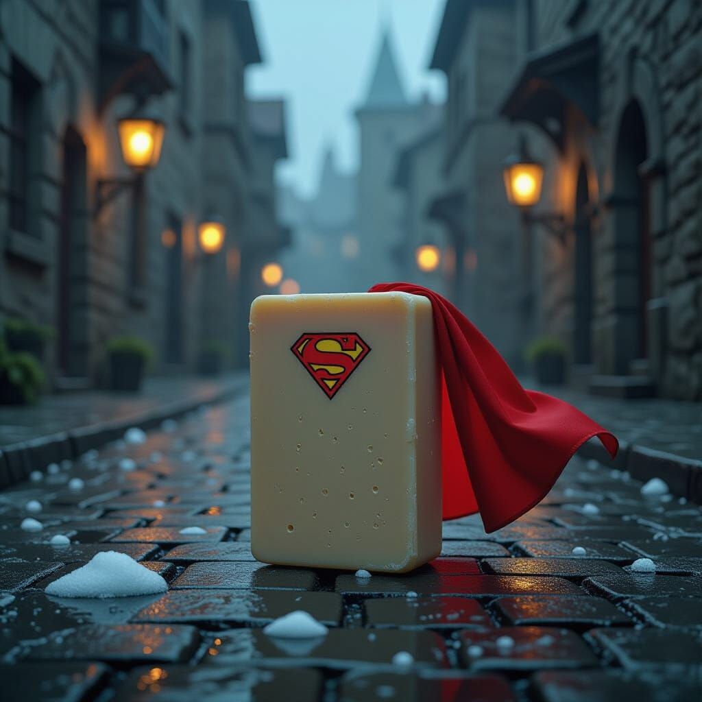 Soap Bar Superhero in Dark Medieval Cityscape