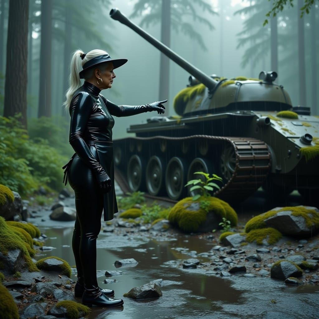 Elderly Woman in Latex Bodysuit Points to Tank