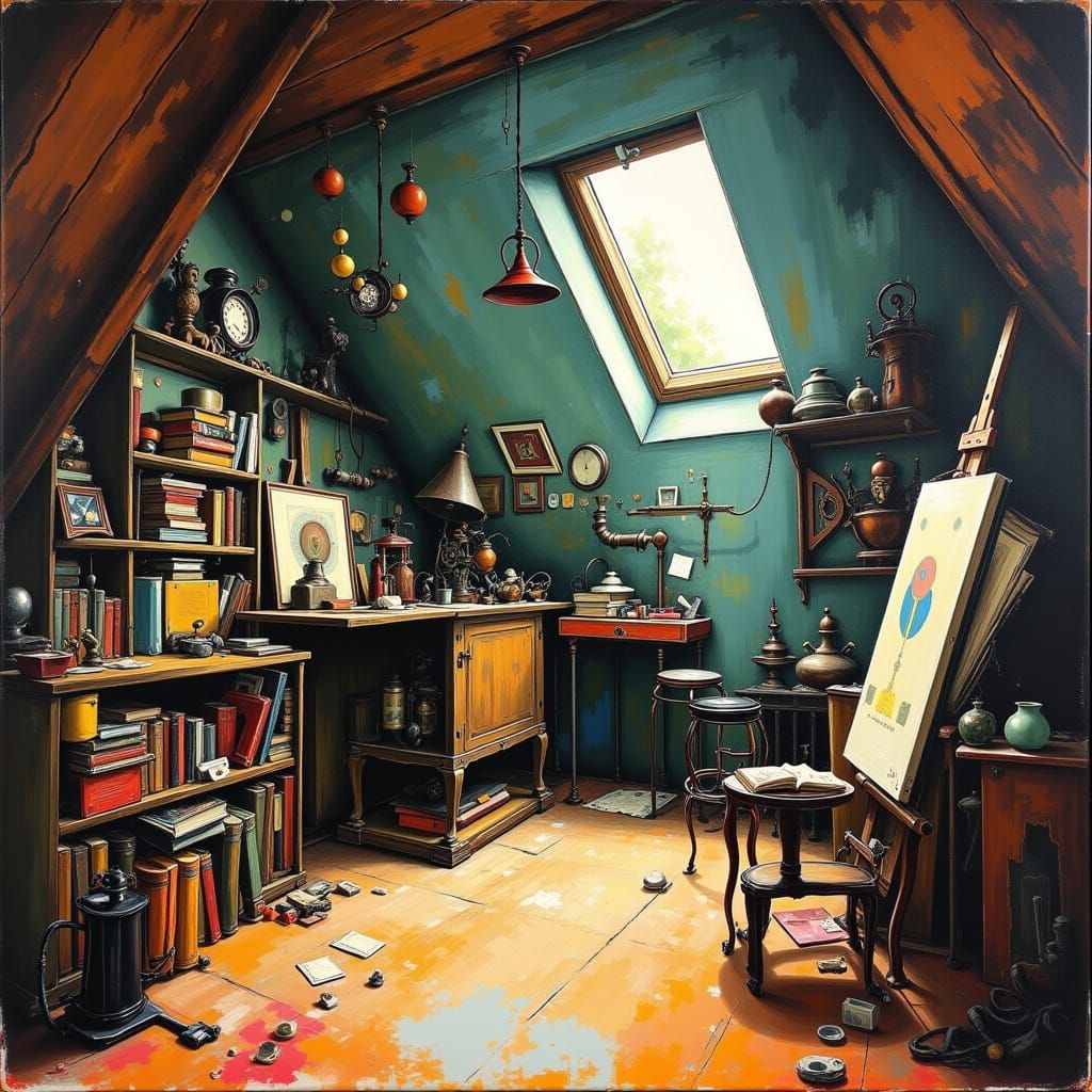 Dimly Lit Attic Studio with Books and Inventions