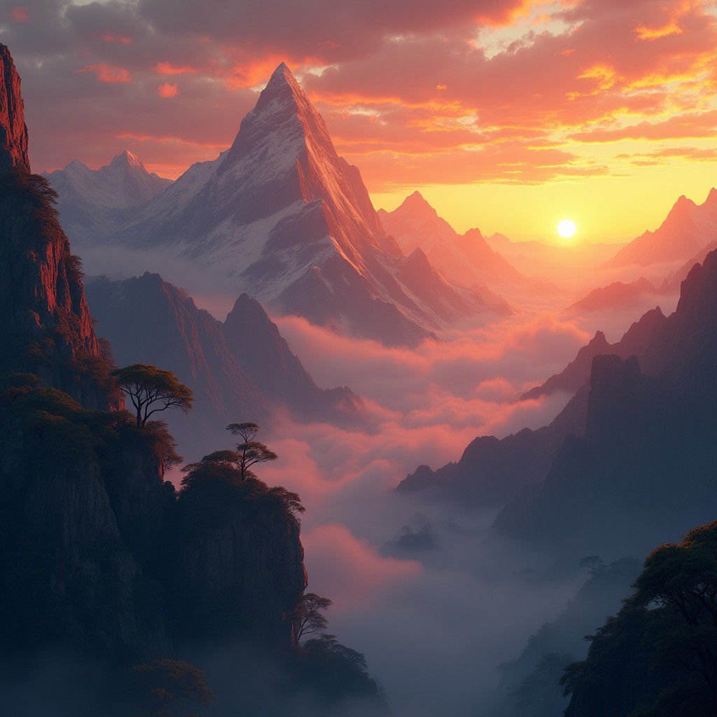 Mystical Mountain Sunset in Detailed Matte Painting Style