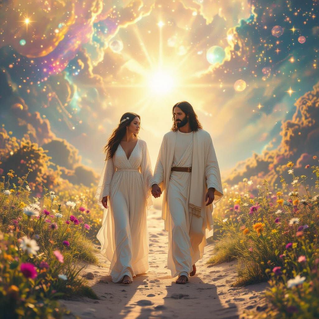Serene Walk with Christ in Holographic Astral Scene