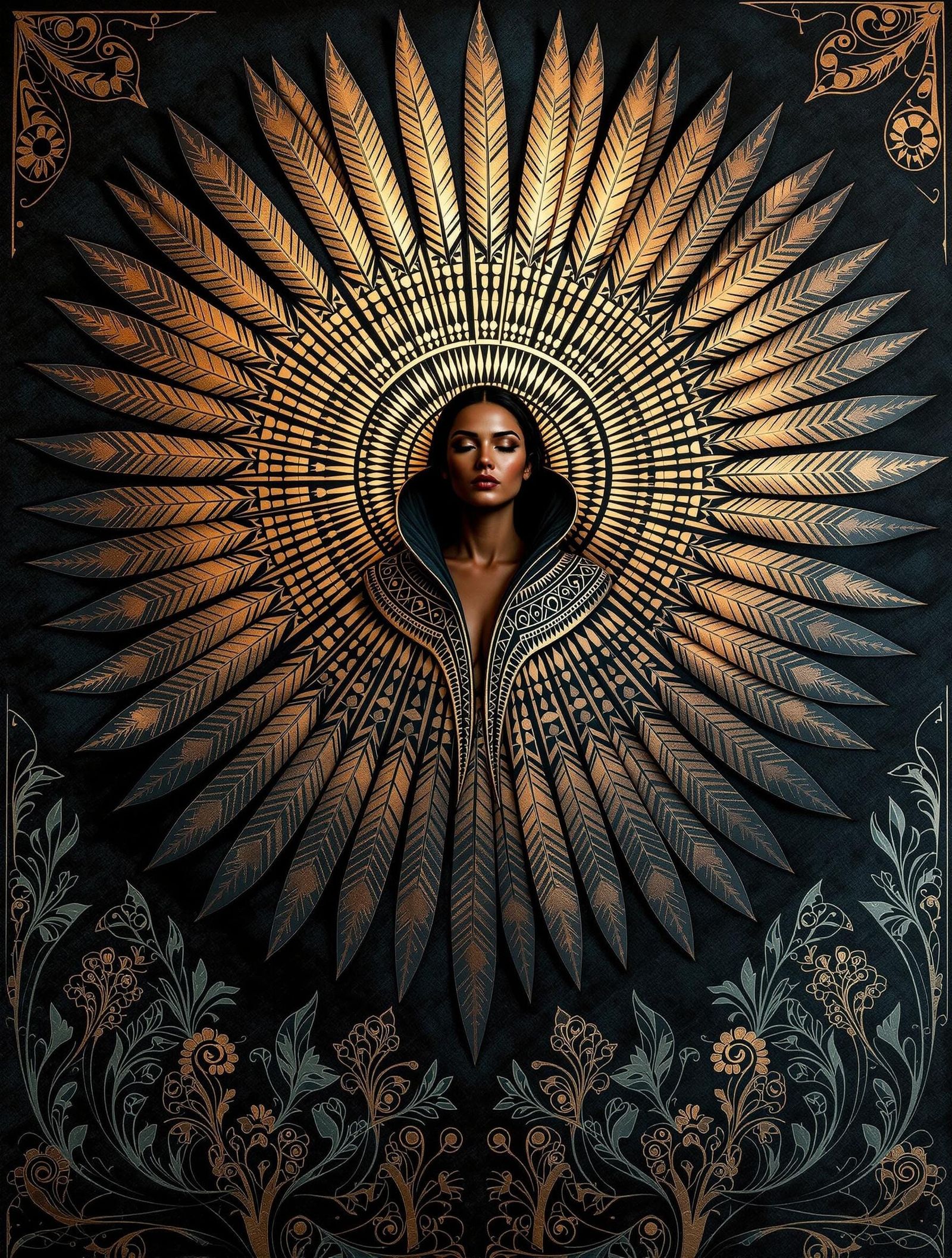 Dignified Māori Woman in Metallic Feather Cloak