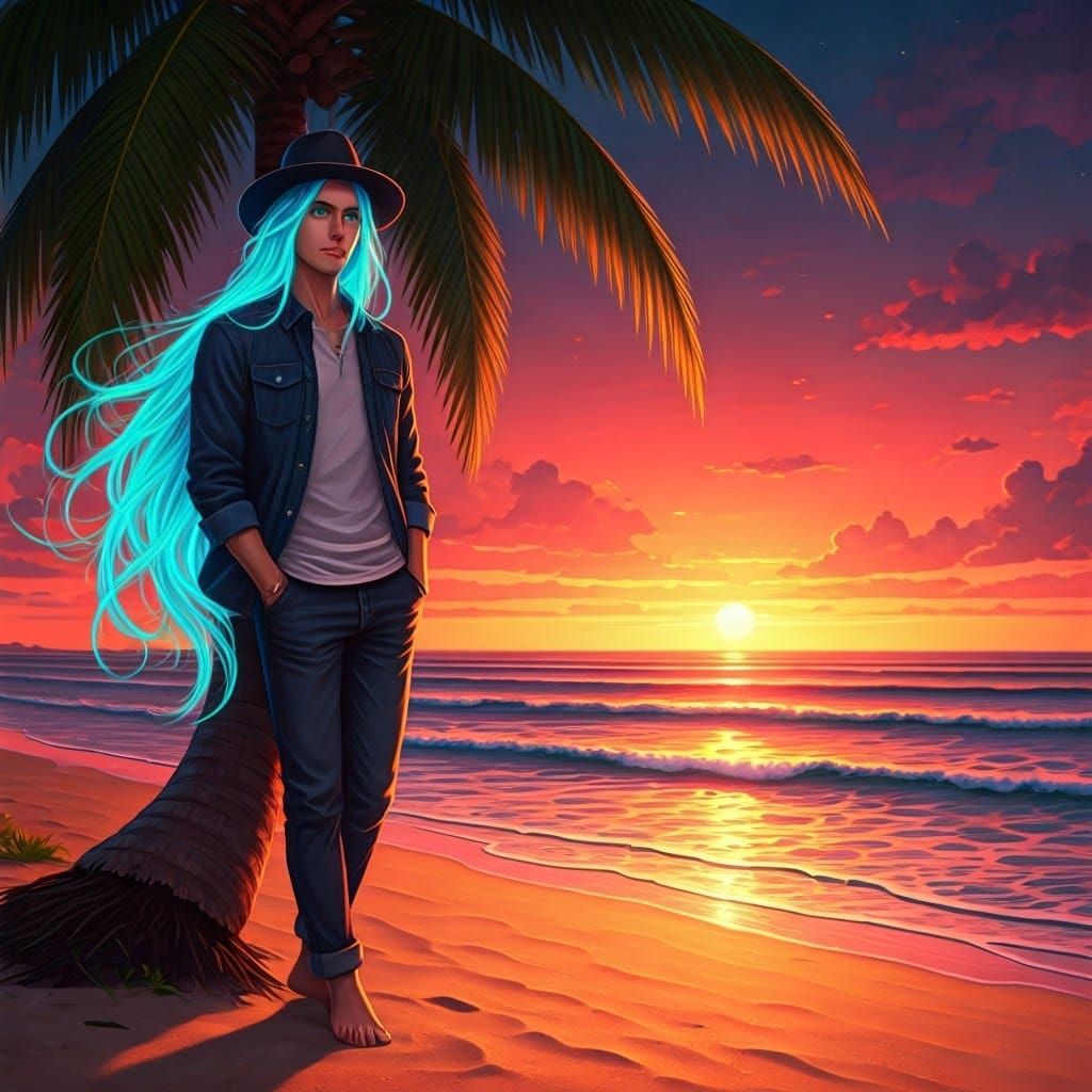 Neon Hair, Sunset Beach: Dreamlike Digital Art