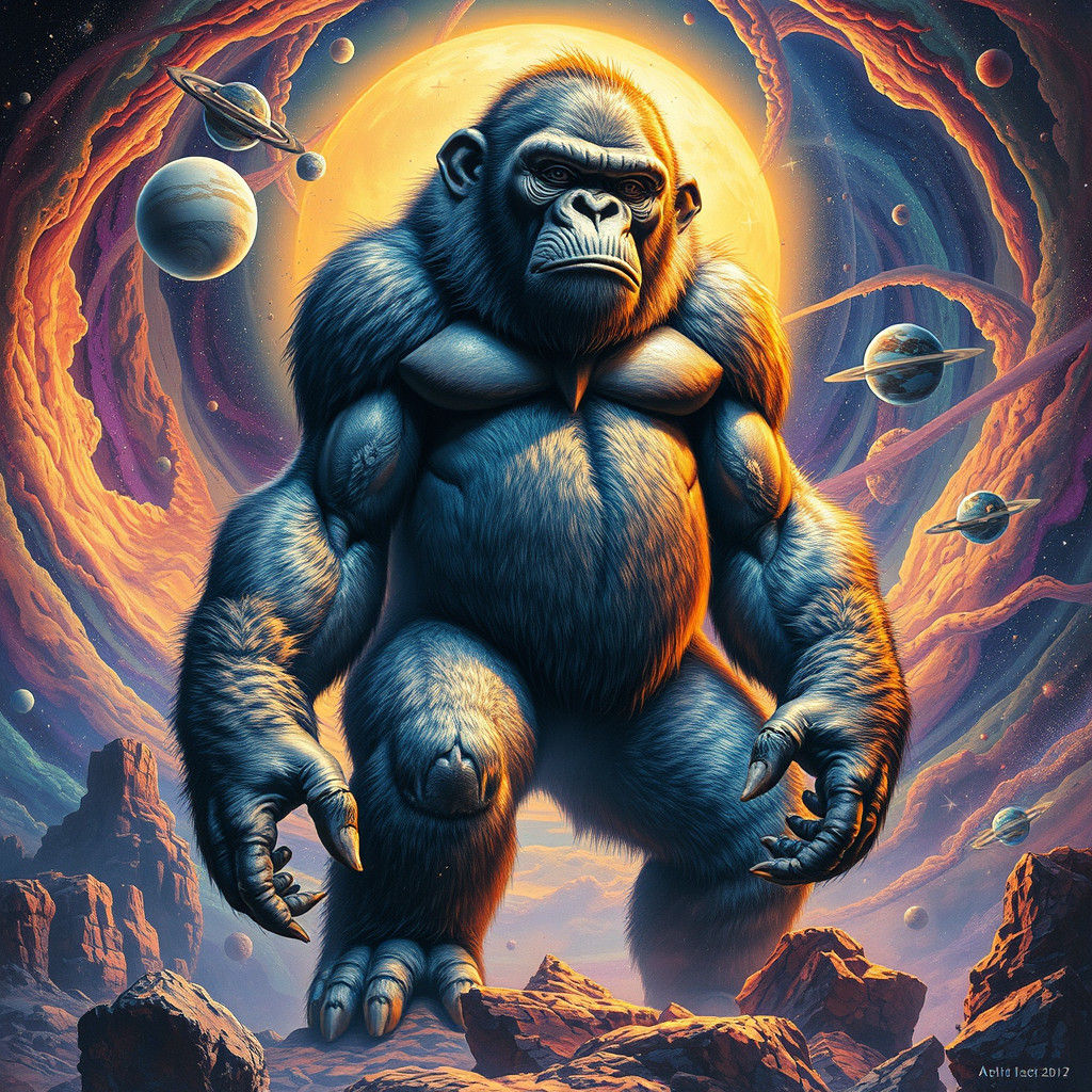 Galactic Ape in Cosmic Vortex, Futuristic Art Style