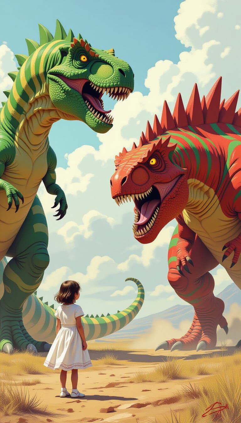 Girl Faces Dinosaurs in Surreal Art Style