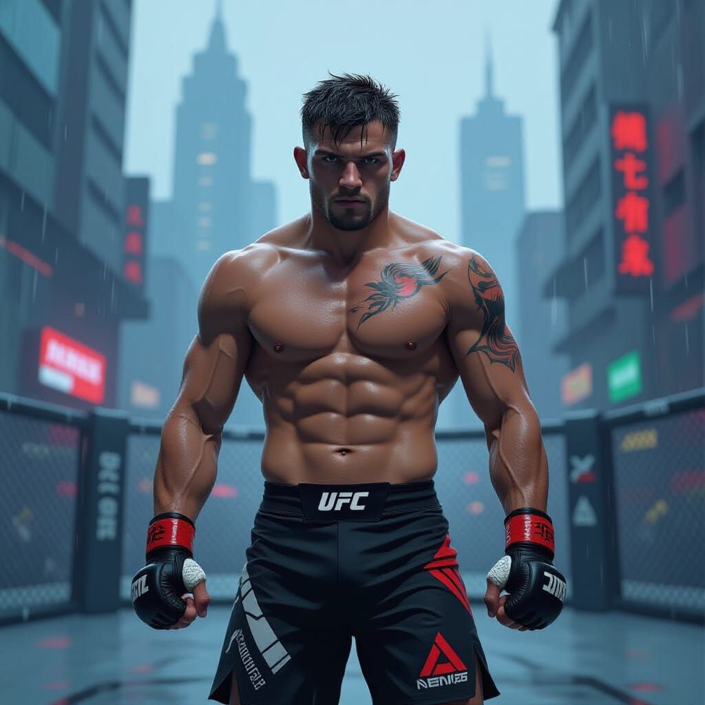 Futuristic MMA Fighter in Gritty Urban Arena