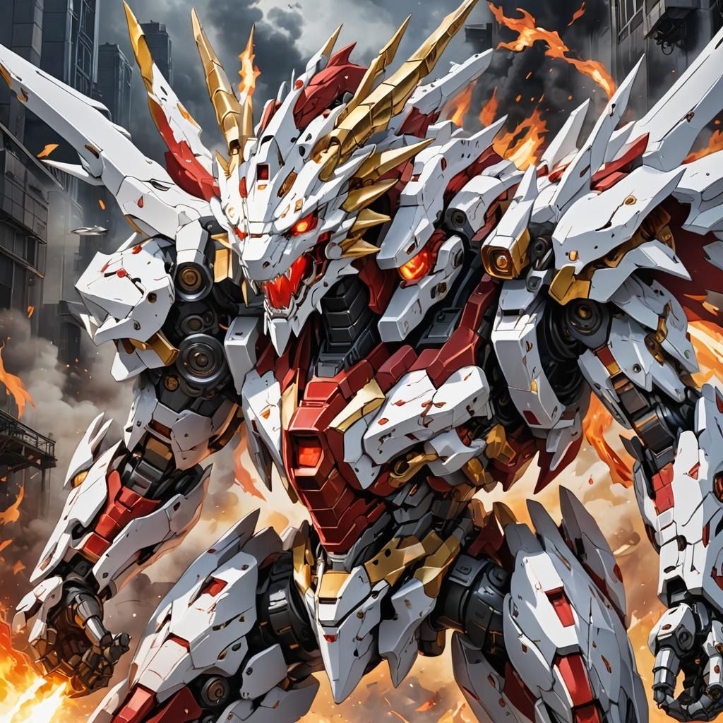 Mecha Dragon Unleashes Fiery Destruction in Anime Style