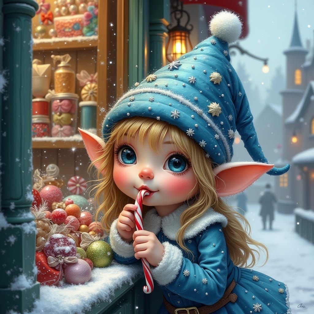 Whimsical Elf Licks Candy Cane in Christmas Village