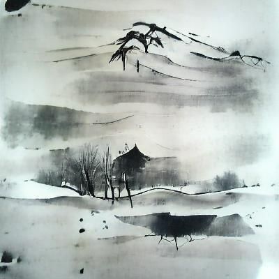 Zen Winter Landscape in Sumi-e Ink
