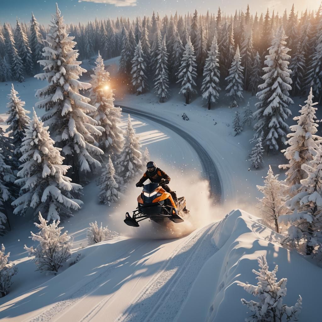 Snowmobile Jump in Winter Wonderland: Digital Matte Painting