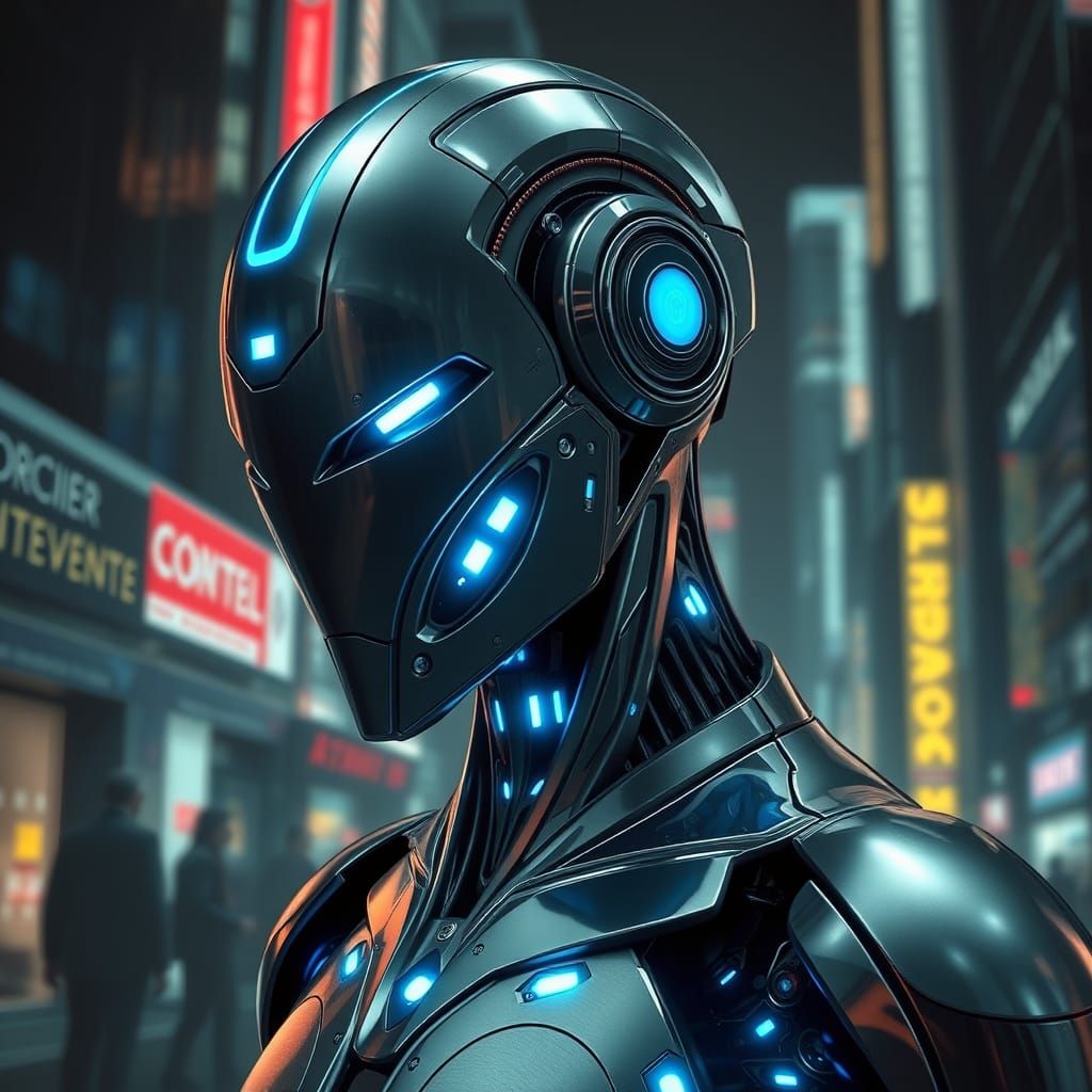 Futuristic Robot in Noir Cyberpunk Cityscape