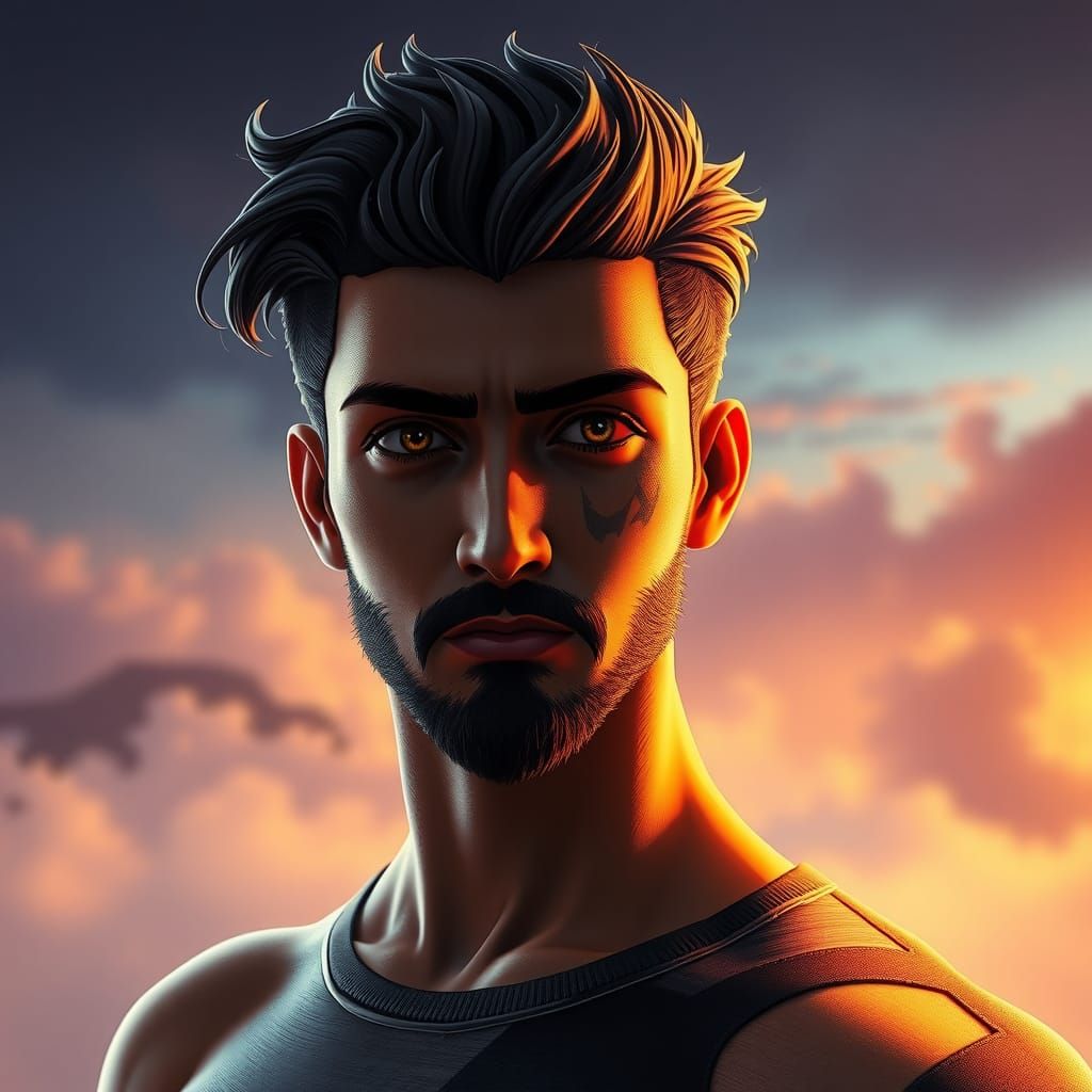 Heroic Anime Character in Glowing Landscape