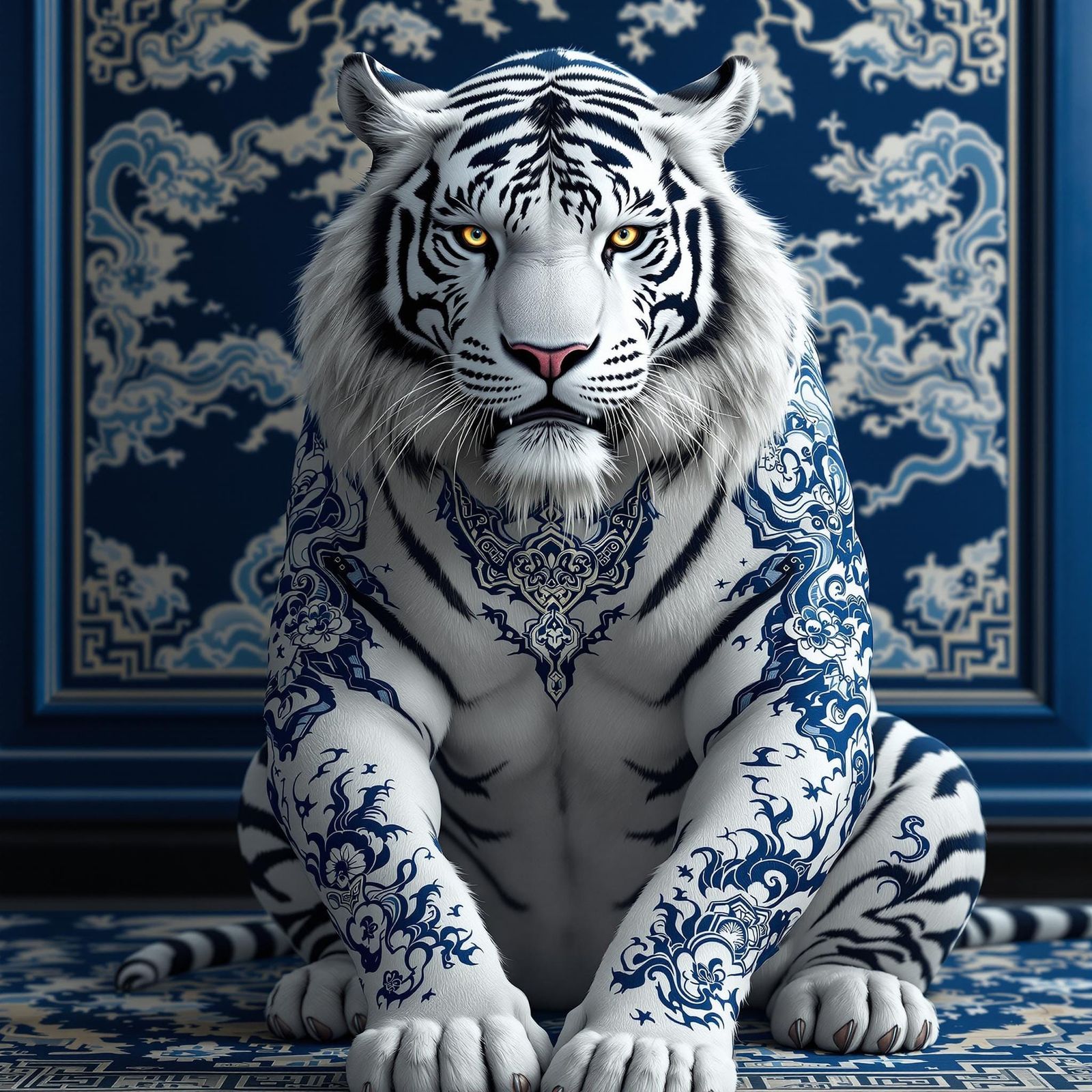 White Tiger with Blue Tattoos in Photorealistic Style