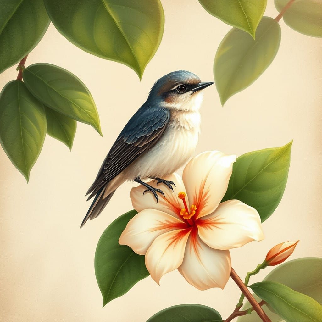 Whimsical Swallow on Camellia in Medieval Style