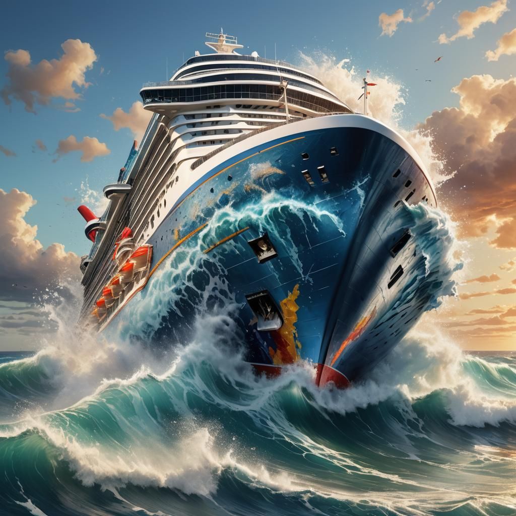 Cruise Ship Versus Tsunami in Splash Art Style