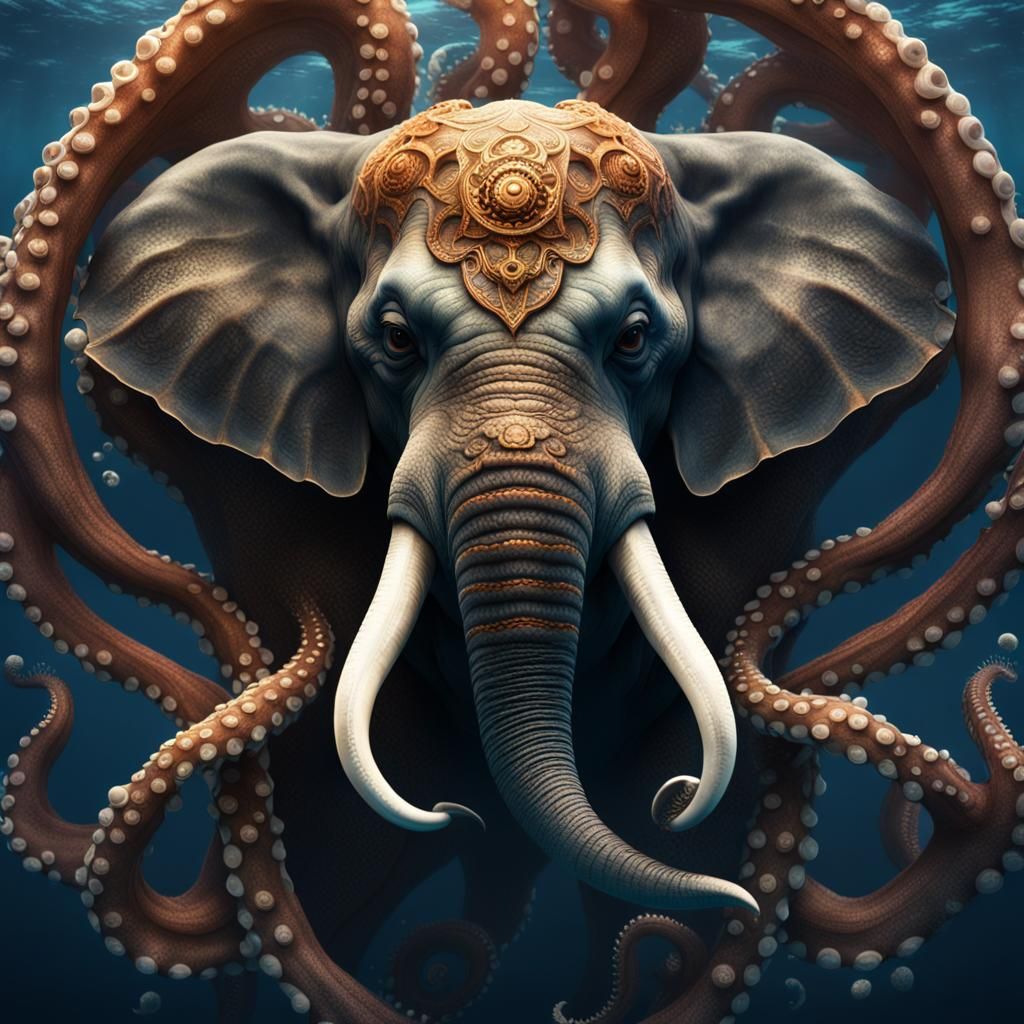 Elephant Head on Octopus Tentacles in Blue Water