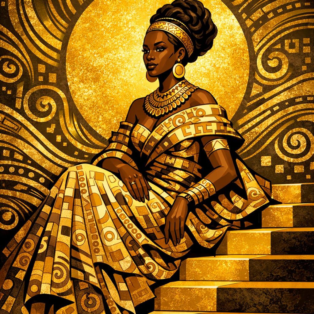 Regal African Queen in Golden Art Nouveau Style