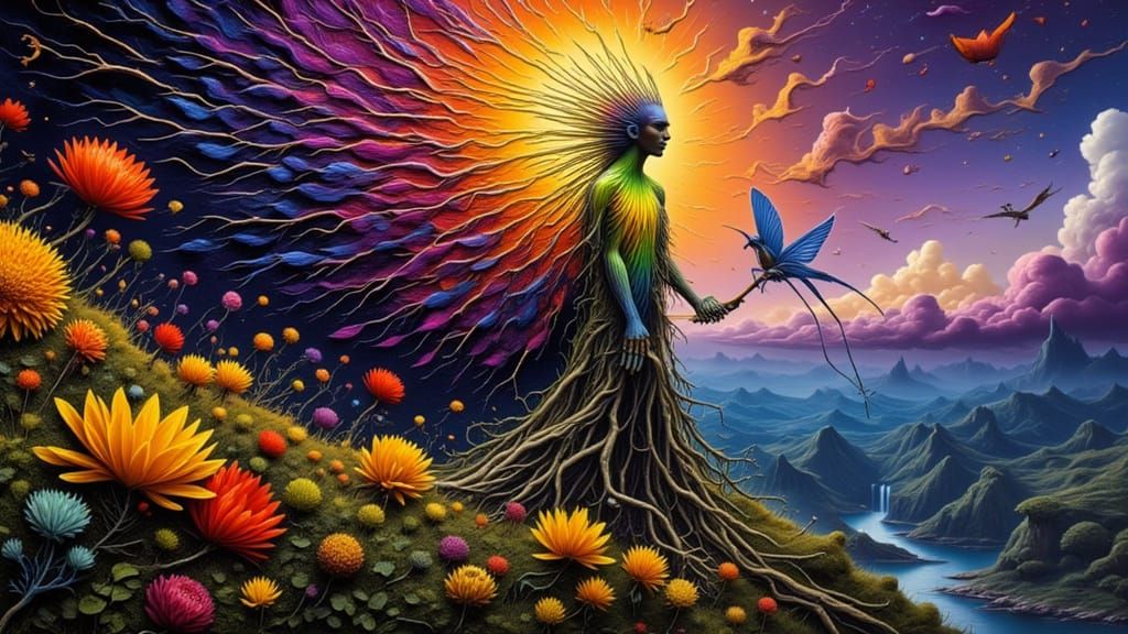 Surreal Moth Man Illuminated by Rainbow Lightning