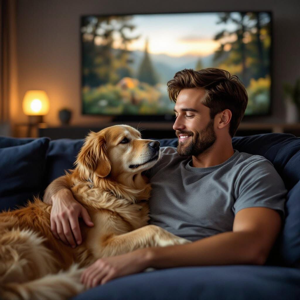Man Relaxing with Golden Retriever Watching TV